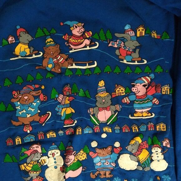 Vintage Animals Winter Ski Snowman Illustration Crewneck Sweatshirt - Picture 1 of 8